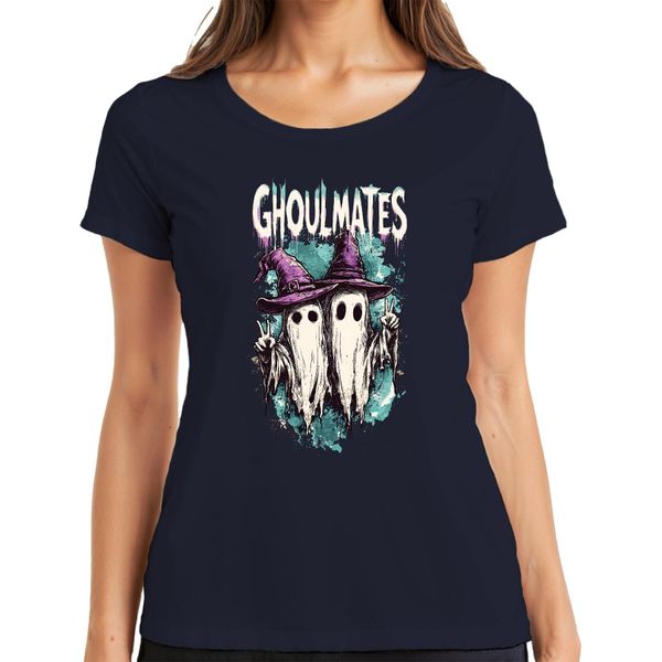 Ghoulmates Halloween Ghosts Ghost Couple Witch Hat Vintage Ladies T-Shirt, Navy, Xl-image