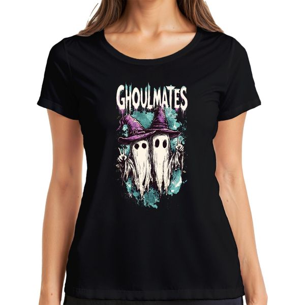 Ghoulmates Halloween Ghosts Ghost Couple Witch Hat Vintage Ladies T-Shirt, Nero, Xl-image