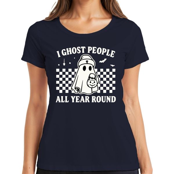 Fantasmi Tutto L'anno Halloween GeisterkostüM Retro Karo Damen T-Shirt, Navy, S-image
