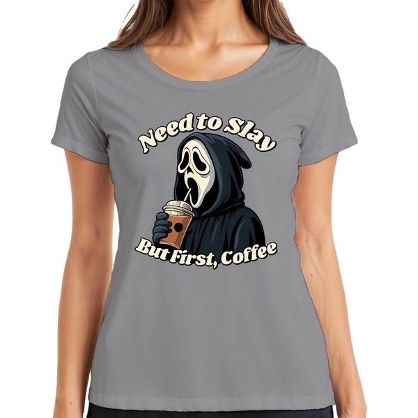 But First Coffee Grim Reaper Halloween Coffee Gothic Funny Scary Ladies T-Shirt, Grigio, M-image