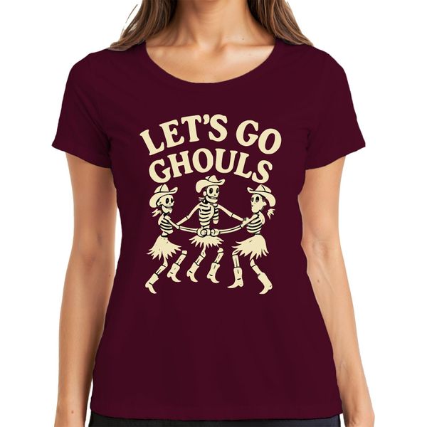 Maglietta Let's Go Ghouls Horror Skeleton Cowboy Western Dance Girls Group Ladies, Borgogna, Xl-image