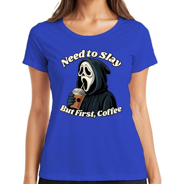 But First Coffee Grim Reaper Halloween Coffee Gothic Funny Scary Ladies T-Shirt, Blu, L-image