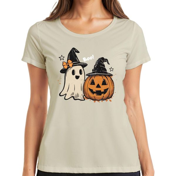 Boo Halloween Zucca Fantasma Carino Cappello Strega Retrò Vintage Carino Signore T-Shirt, Natura, Xl-image
