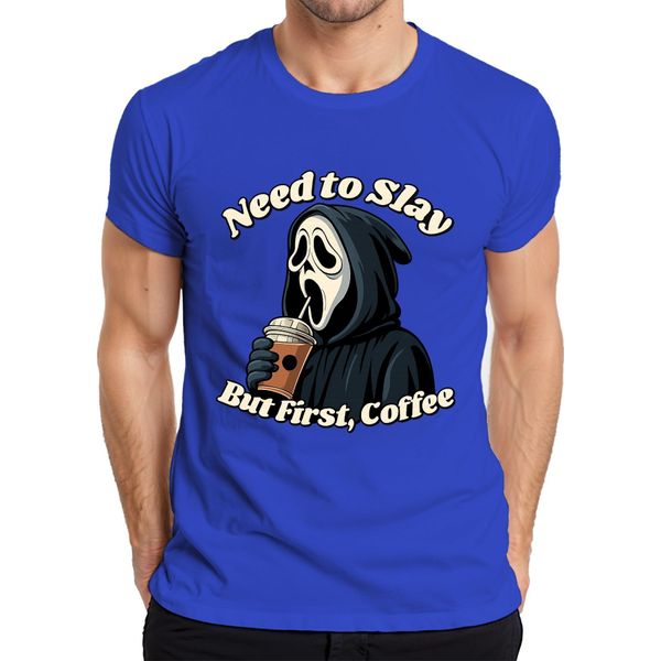 But First Coffee Grim Reaper Halloween Coffee Gothic Funny Scary T-Shirt Uomo, Blu, L-image