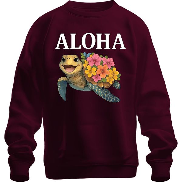 Aloha Tartaruga Marina Con Fiori Hawaiani, Spiaggia Tropicale, Felpa Unisex Pullover, Borgogna, Xxl-image