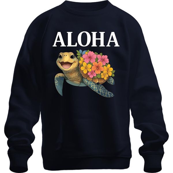 Aloha Tartaruga Marina Con Fiori Hawaiani, Spiaggia Tropicale, Felpa Unisex Pullover, Navy, M-image