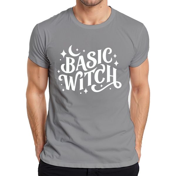 Maglietta Basic Witch Halloween Moon Stars Magical Witch Fan Gothic Uomo, Grigio, L-image