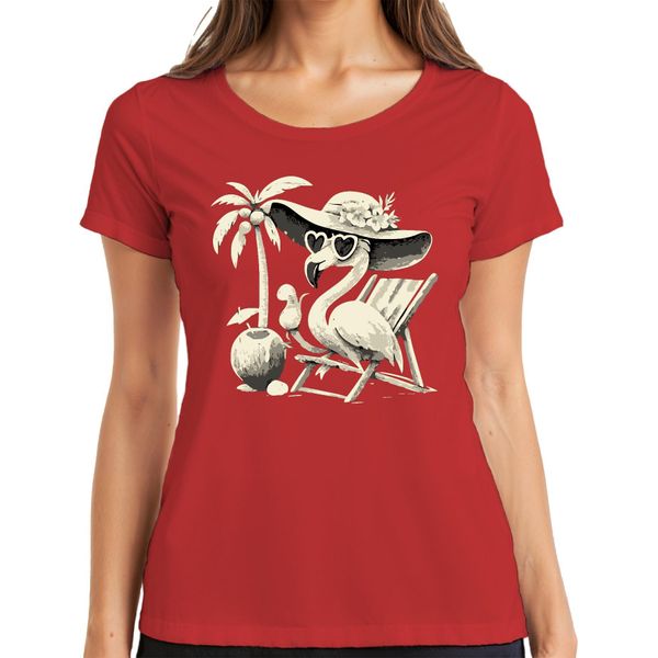 Maglietta Da Donna Flamingo Summer Tropical Beach Palm Tree Coconut Sun Hat Heart, Rosso, L-image