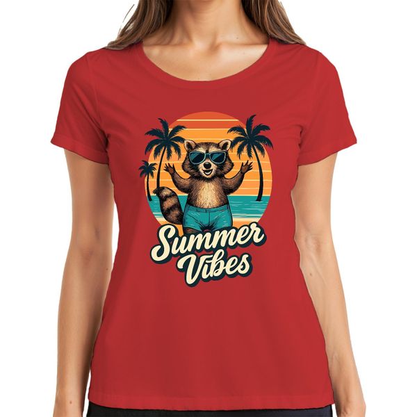 Summer Vibes Raccoon Sunglasses Beach Palm Trees Retro Vintage Ladies T-Shirt, Rosso, Xl-image