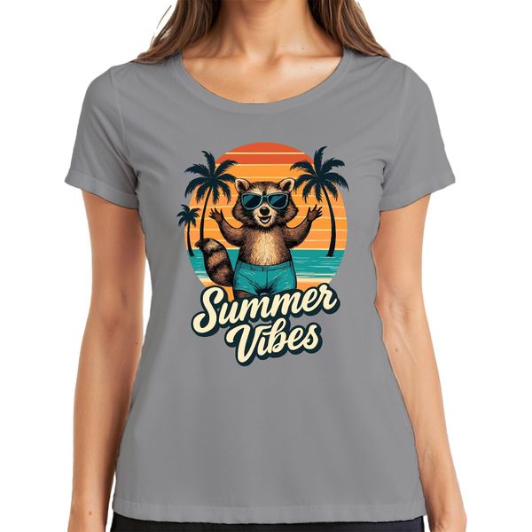 Summer Vibes Raccoon Sunglasses Beach Palm Trees Retro Vintage Ladies T-Shirt, Grigio, S-image