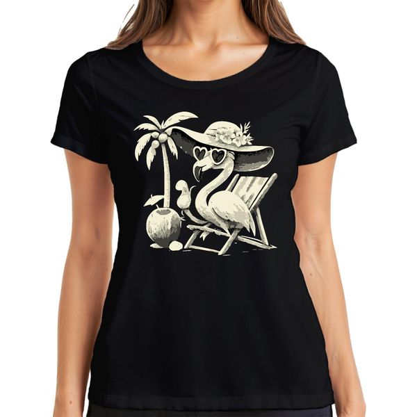 Maglietta Da Donna Flamingo Summer Tropical Beach Palm Tree Coconut Sun Hat Heart, Nero, S-image