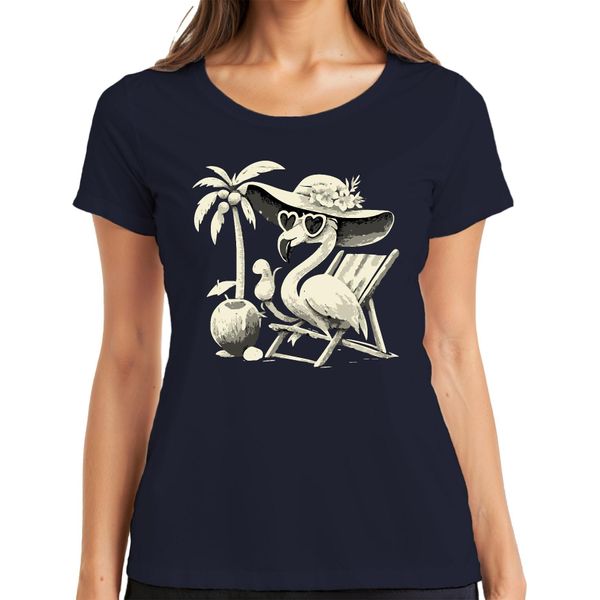 Maglietta Da Donna Flamingo Summer Tropical Beach Palm Tree Coconut Sun Hat Heart, Navy, S-image