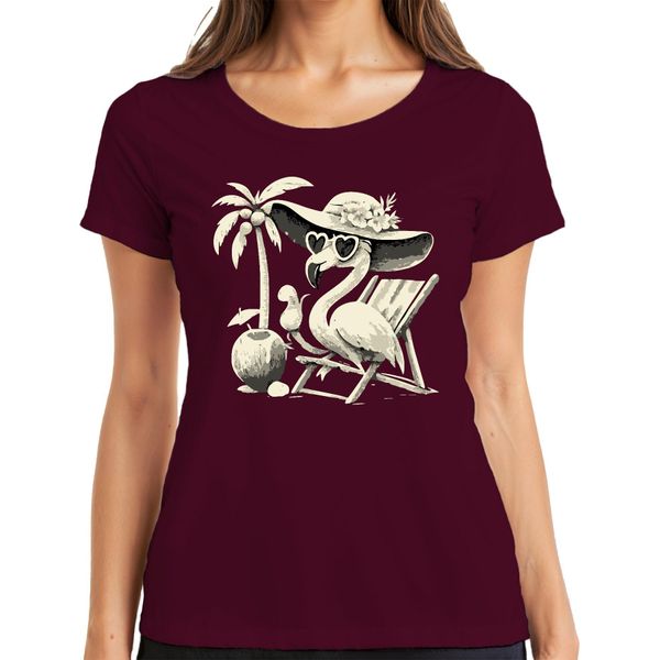 Maglietta Da Donna Flamingo Summer Tropical Beach Palm Tree Coconut Sun Hat Heart, Borgogna, S-image