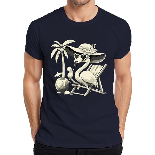 Maglietta Da Uomo Flamingo Summer Tropical Beach Palm Tree Coconut Sun Hat Heart, Navy, M-image