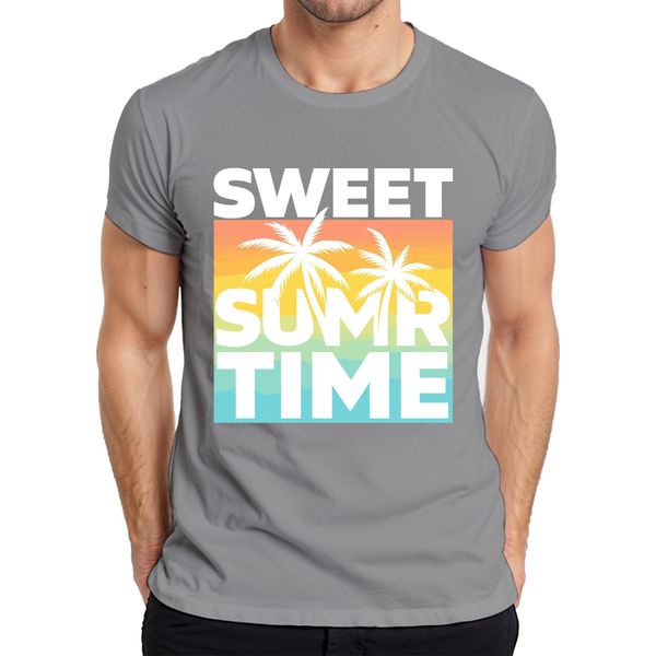 Maglietta Da Uomo Sweet Summer Time Palm Trees Sunset Beach Holiday Retro, Grigio, S-image