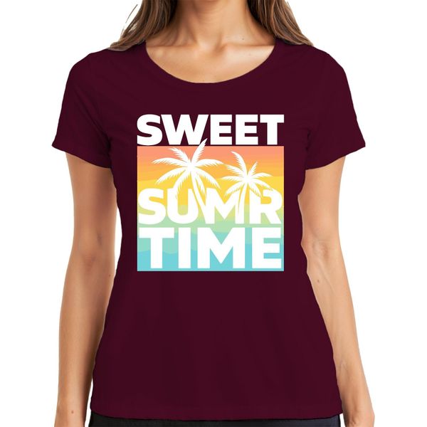 Maglietta Donna Sweet Summer Time Palm Trees Sunset Beach Holiday Retro, Bordeaux, 3XL-image