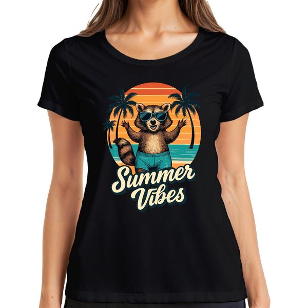 Summer Vibes Raccoon Sunglasses Beach Palm Trees Retro Vintage Ladies T-Shirt, Nero, S-image