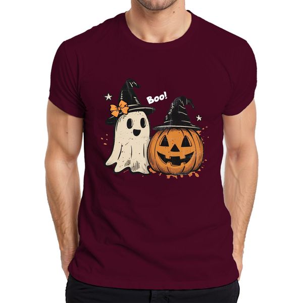 Boo Halloween Zucca Fantasma Carino Cappello Strega Retro Vintage Carino T-Shirt Uomo, Borgogna, M-image