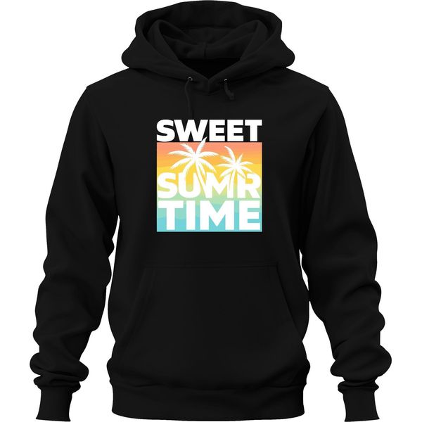 Sweet Summer Time Palm Trees Sunset Beach Holiday Retro Unisex Hoodie Felpa Con Cappuccio, Nero, L-image