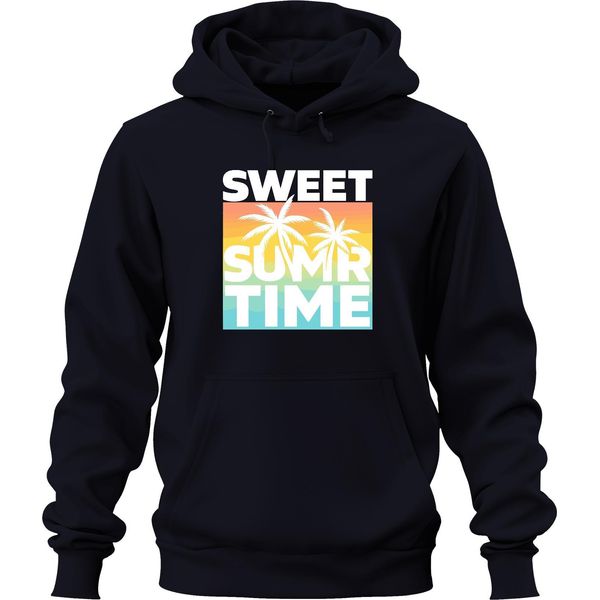 Felpa Con Cappuccio Sweet Summer Time Palm Trees Sunset Beach Holiday Retro Unisex, Navy, M-image