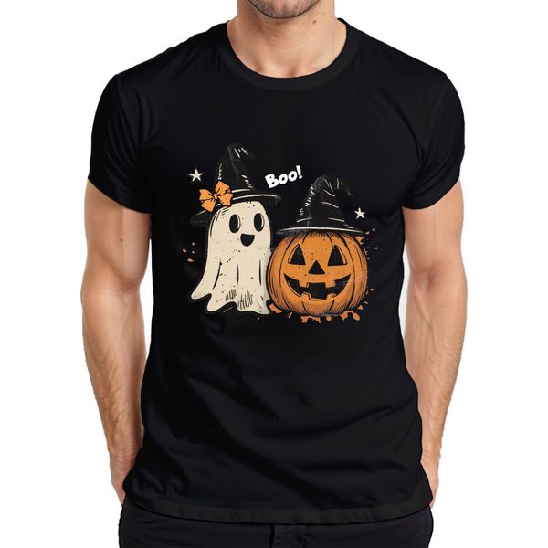 Boo Halloween Zucca Fantasma Carino Cappello Strega Retro Vintage Carino T-Shirt Da Uomo, Nero, 3XL-image
