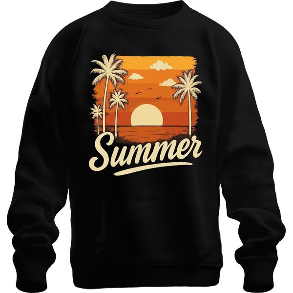 Estate Tramonto Palme Retro Vintage Spiaggia Vacanza Mare Unisex Felpa Pullover, Nero, Xl-image