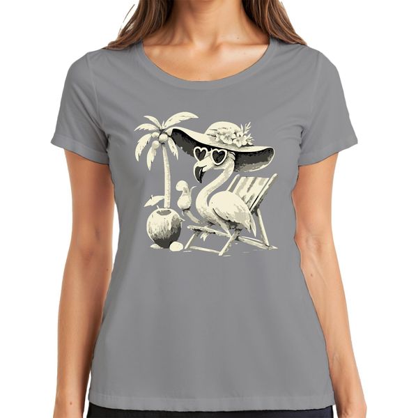 Maglietta Da Donna Flamingo Summer Tropical Beach Palm Tree Coconut Sun Hat Heart, Grigio, 3XL-image