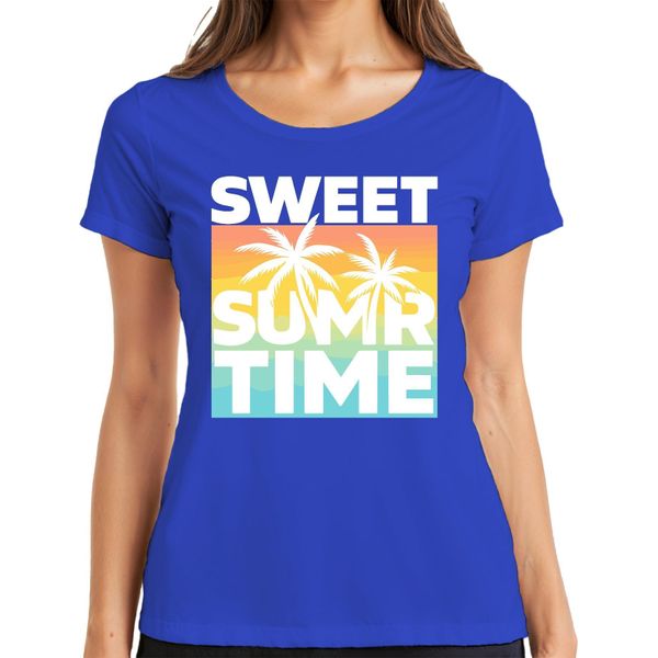 Maglietta Da Donna Sweet Summer Time Palm Trees Sunset Beach Holiday Retro, Blu, 3XL-image