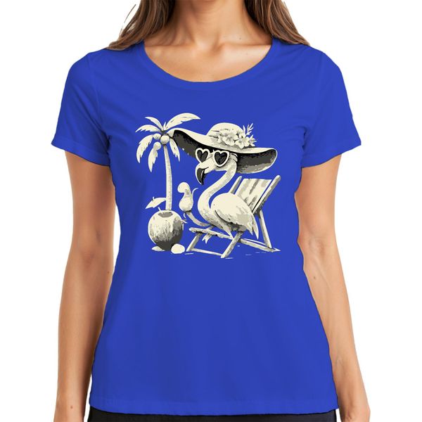 Maglietta Da Donna Flamingo Summer Tropical Beach Palm Tree Coconut Sun Hat Heart, Blu, S-image