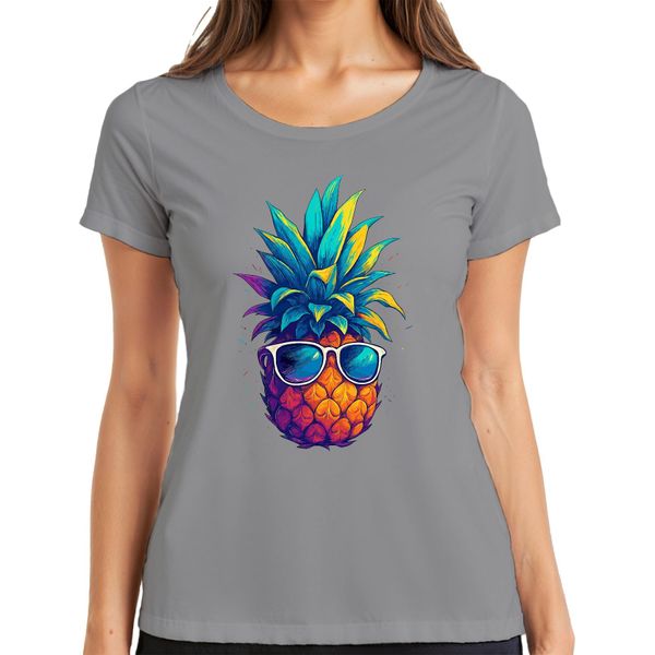 Ananas Occhiali Da Sole Colorati Vacanze Estive Tropicali Hawaii Retro T-Shirt Da Donna, Grigio, S-image