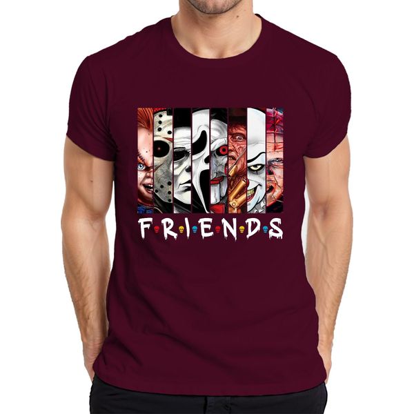 Maglietta Da Uomo Friends Horror Icons Jason Michael Pennywise Freddy Chucky Cult, Borgogna, S-image