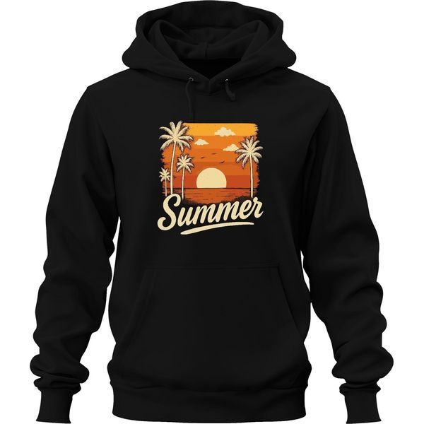 Estate Tramonto Palme Retro Vintage Spiaggia Vacanza Mare Unisex Felpa Con Cappuccio, Nero, M-image