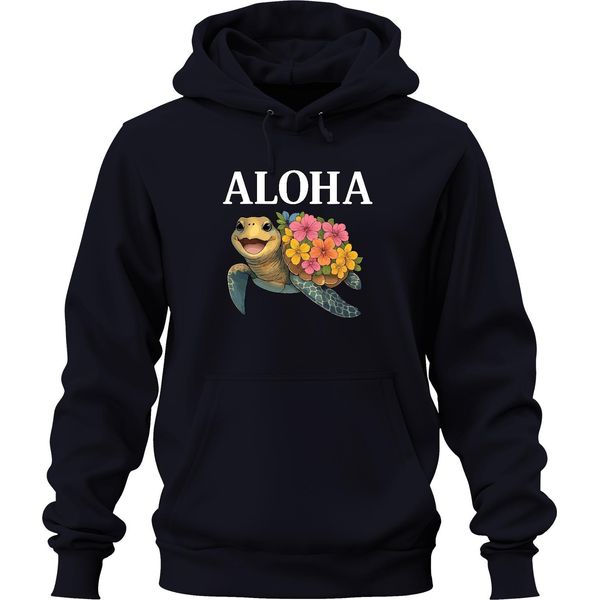 Aloha Tartaruga Marina Con Fiori Hawaiani, Spiaggia Tropicale, Felpa Con Cappuccio Unisex, Navy, Xxl-image