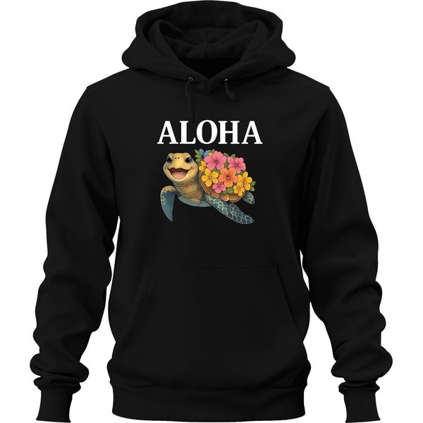 Aloha Tartaruga Marina Con Fiori Hawaiani, Spiaggia Tropicale, Felpa Con Cappuccio Unisex, Nero, L-image
