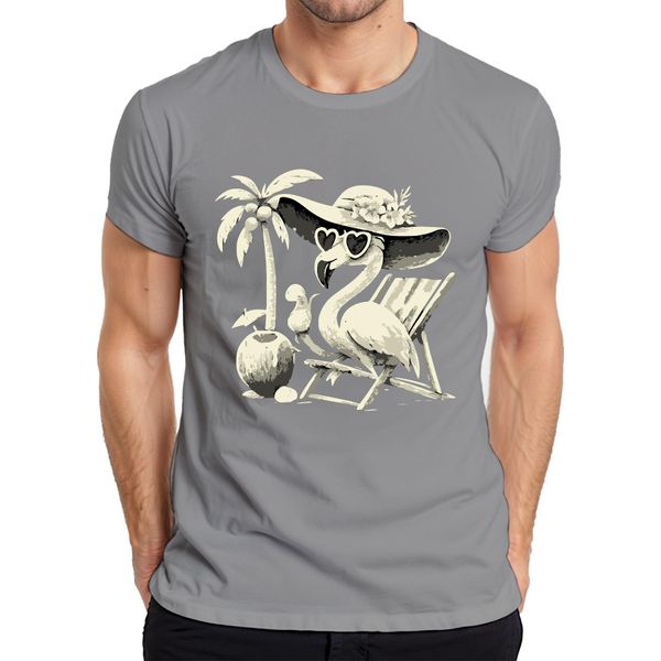 Maglietta Da Uomo Flamingo Summer Tropical Beach Palm Tree Coconut Sun Hat Heart, Grigio, 3XL-image