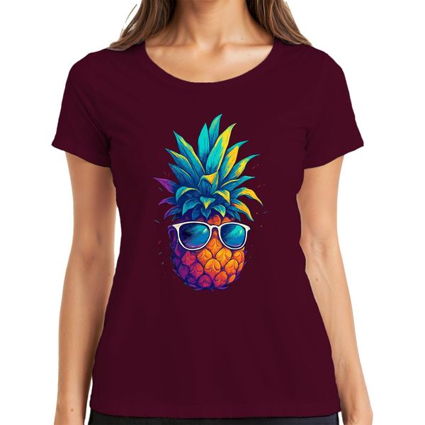 Ananas Occhiali Da Sole Colorati Tropicali Vacanze Estive Hawaii Retro T-Shirt Da Donna, Borgogna, Xxl-image