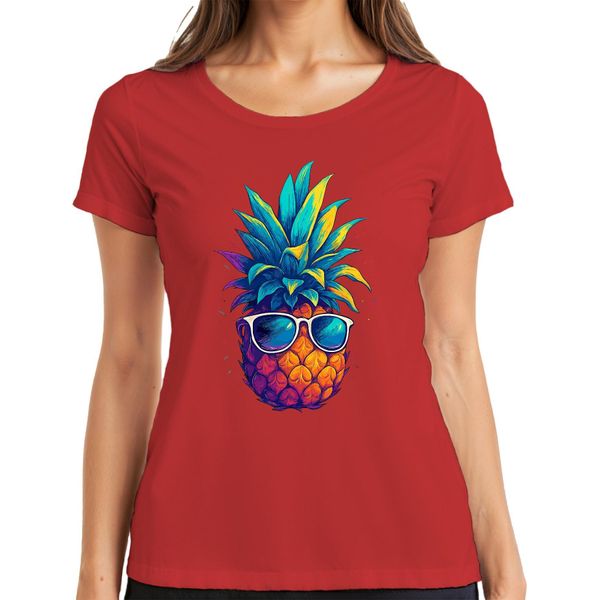 Ananas Occhiali Da Sole Colorati Tropicali Vacanze Estive Hawaii Retro T-Shirt Da Donna, Rosso, Xxl-image