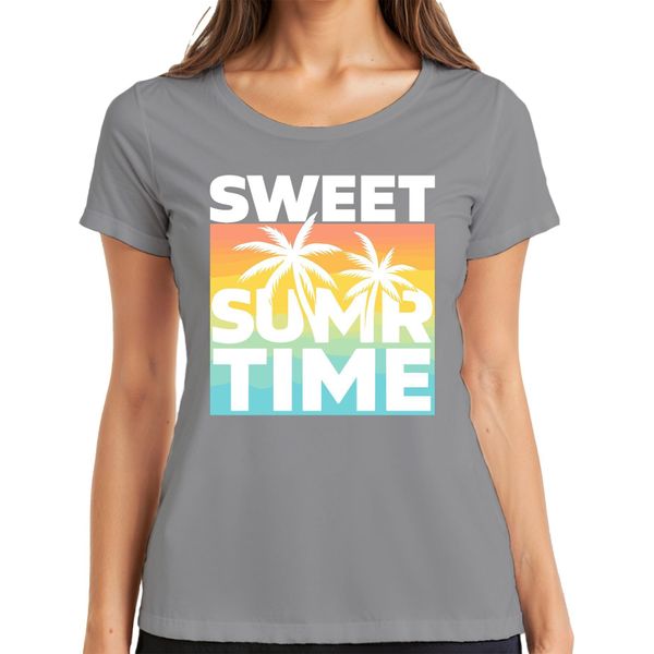 Maglietta Donna Sweet Summer Time Palm Trees Sunset Beach Holiday Retro, Grigio, 3XL-image
