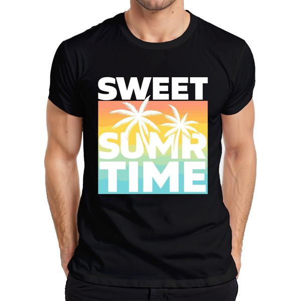 Maglietta Sweet Summer Time Palm Trees Sunset Beach Holiday Retro Uomo, Nero, Xl-image