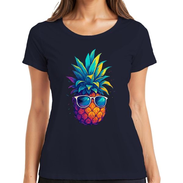 Ananas Occhiali Da Sole Colorati Vacanze Estive Tropicali Hawaii Retro T-Shirt Da Donna, Navy, Xxl-image