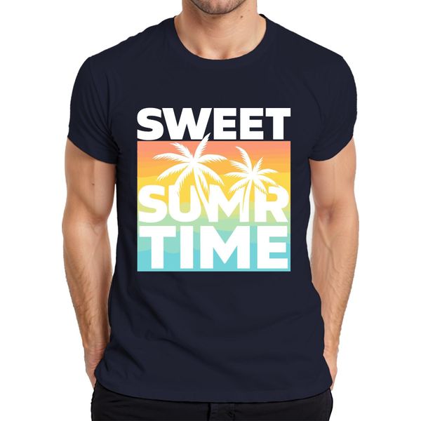 Maglietta Da Uomo Sweet Summer Time Palm Trees Sunset Beach Holiday Retro, Navy, M-image