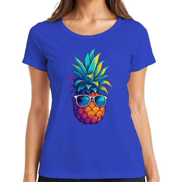Ananas Occhiali Da Sole Colorati Tropicali Vacanze Estive Hawaii Retro T-Shirt Da Donna, Blu, 3XL-image