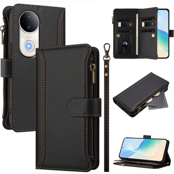 Custodia Per Vivo S20, Con Cerniera, Portafoglio Custodia Flip In Finto Cuoio Con Tasche Per Carte, Supporto E Passante Per Mano Nero-image