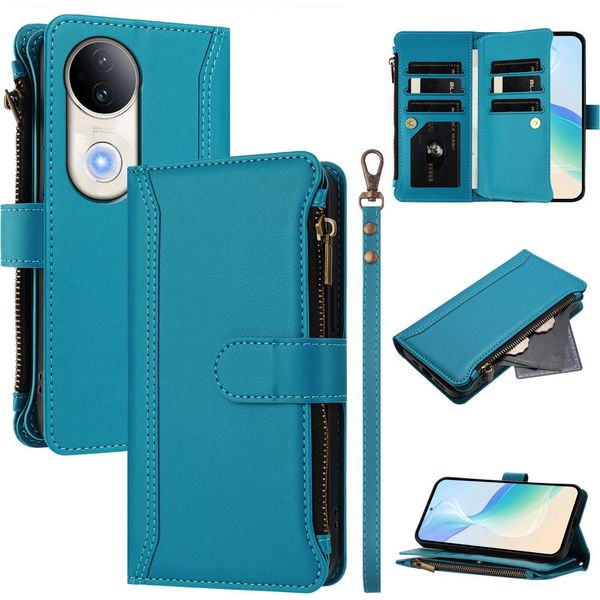 Custodia Per Vivo S20, Con Cerniera, Portafoglio Custodia Flip In Finto Cuoio Con Tasche Per Carte, Supporto E Passante Per La Mano Lago Blu-image
