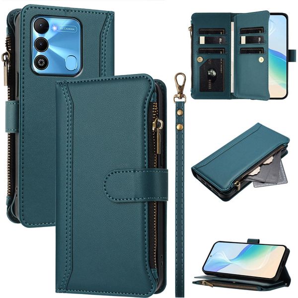 Custodia Per Tecno Spark Go 2022/Spark 8C/Spark 9, Con Cerniera, Portafoglio Custodia Flip In Finto Cuoio Con Tasche Per Carte, Supporto E Passante Per Mani Verde-image