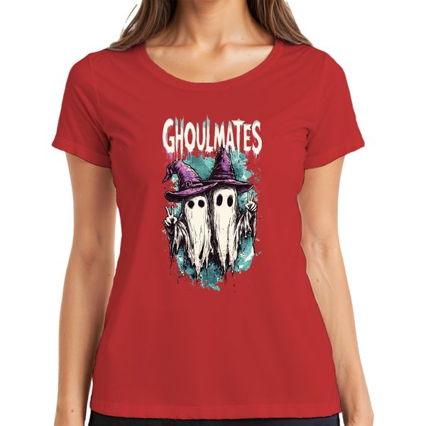 Ghoulmates Halloween Ghosts Ghost Couple Witch Hat Vintage Ladies T-Shirt, Rosso, Xl-image