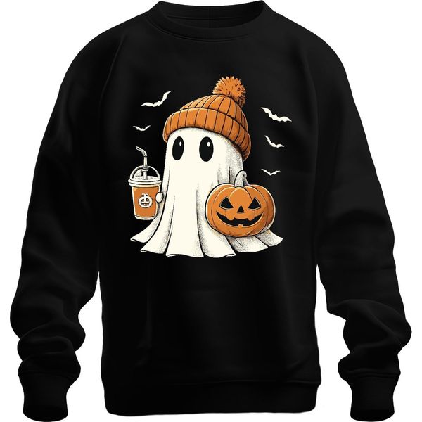 Fantasma Zucca Halloween Carino Berretto Caffè Autunno Carino Spaventoso Unisex Felpa Pullover, Nero, Xxl-image