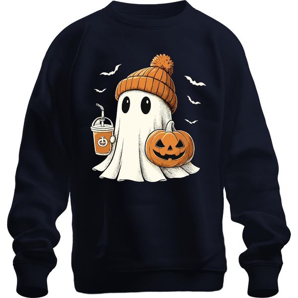 Fantasma Zucca Halloween Carino Berretto Caffè Autunno Carino Spaventoso Unisex Felpa Pullover, Navy, Xl-image