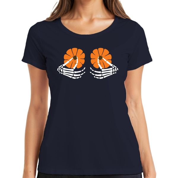 Mani Di Scheletro E Seni Di Zucca Halloween Gothic Day Of The Dead Autunno Maglietta Da Donna, Navy, L-image