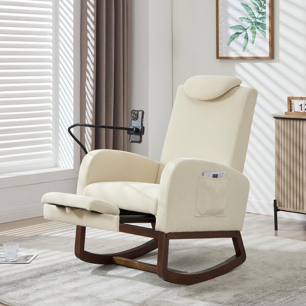 Lvhom Sedia A Dondolo In Legno Con Poggiapiedi E Portacellulare, Sedia A Dondolo Con Poggiatesta, Poltrona Con Copricorda, Poltrona Reclinabile Per Il Soggiorno, Beige-image